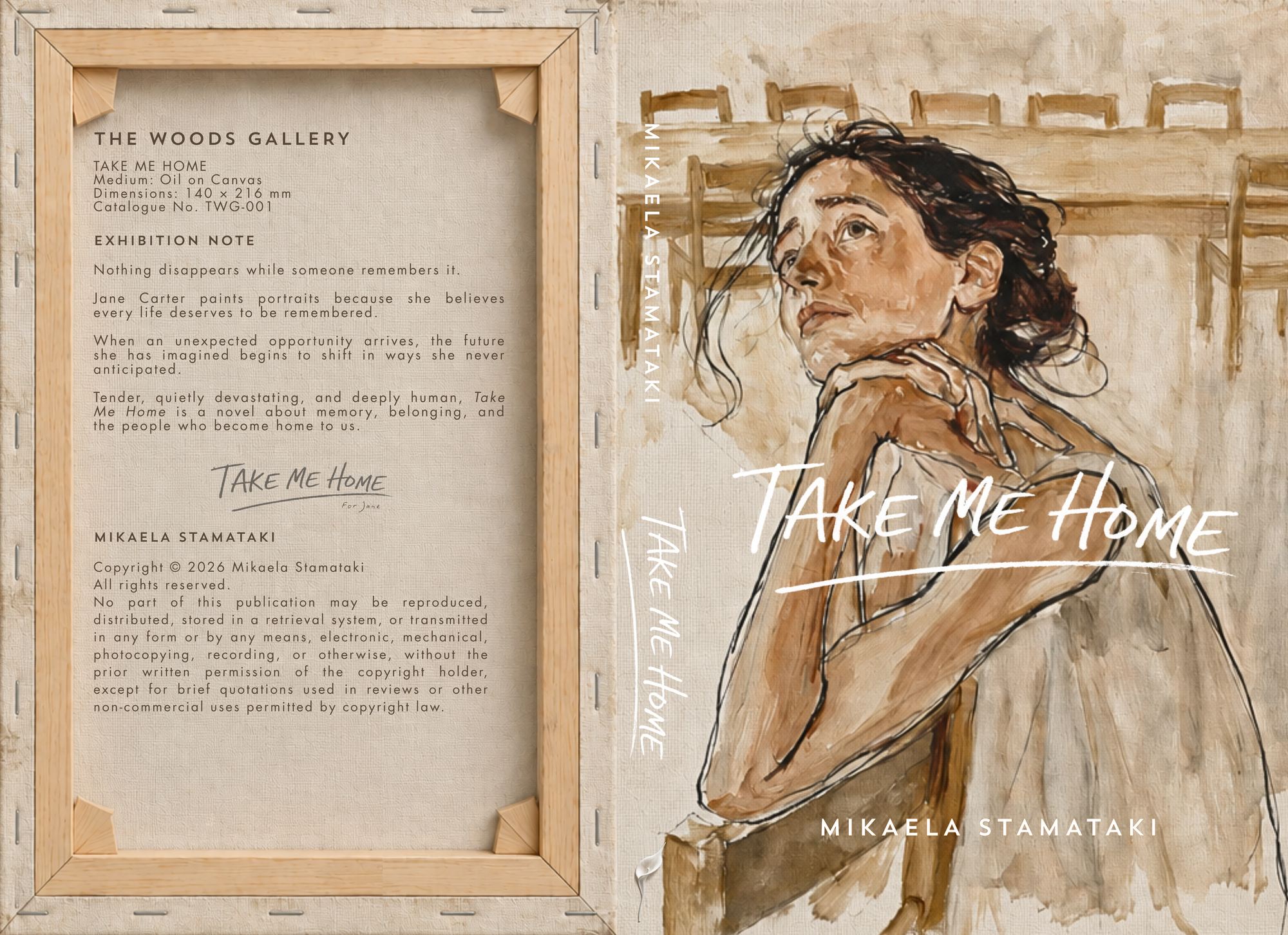 The full cover of Take Me Home laid flat: the back of a canvas with a gallery label, the spine, and the painted front cover.