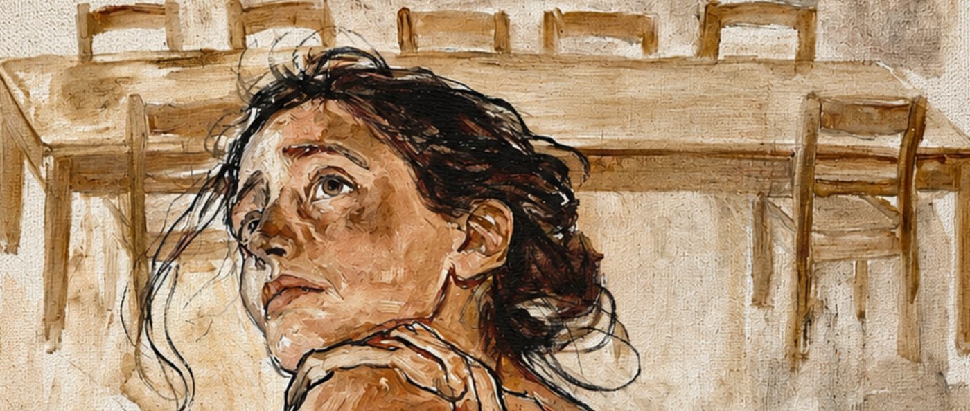 Detail from the cover painting of Take Me Home: a long wooden table with empty chairs.